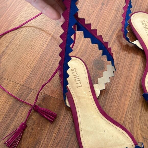 Schutz fuchsia and navy flat suede sandals with tassel lace up 8 - Picture 2 of 5